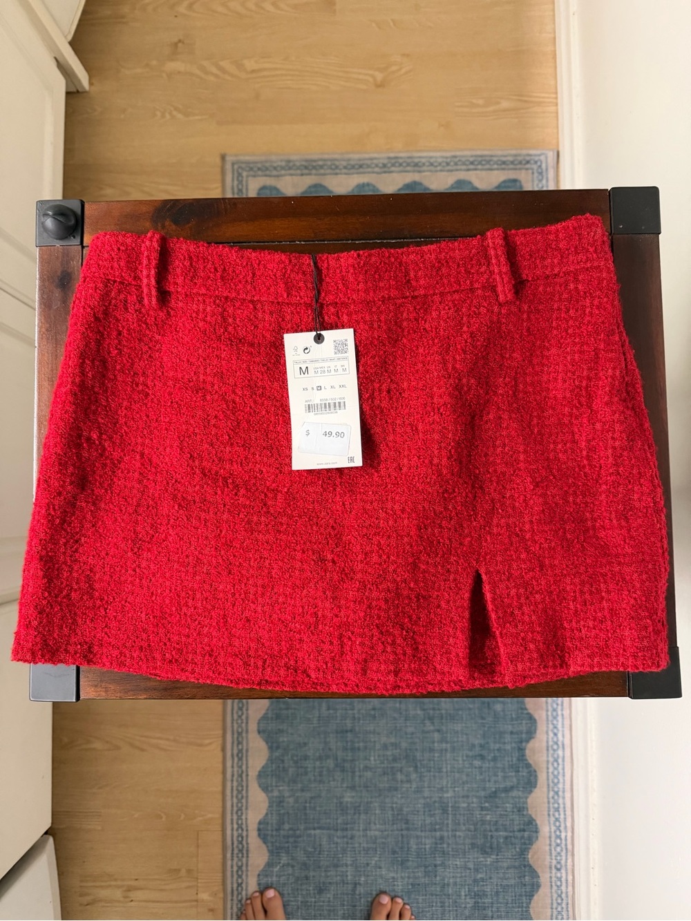 Zara Bright Red Bouclé Mini Skirt with Small Front Slit